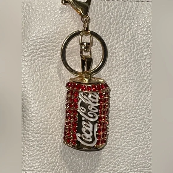 Bag Charm Coca Cola Can Keychain NEW Red Rhinestones Split Key Ring Soda Coke - Picture 5 of 8